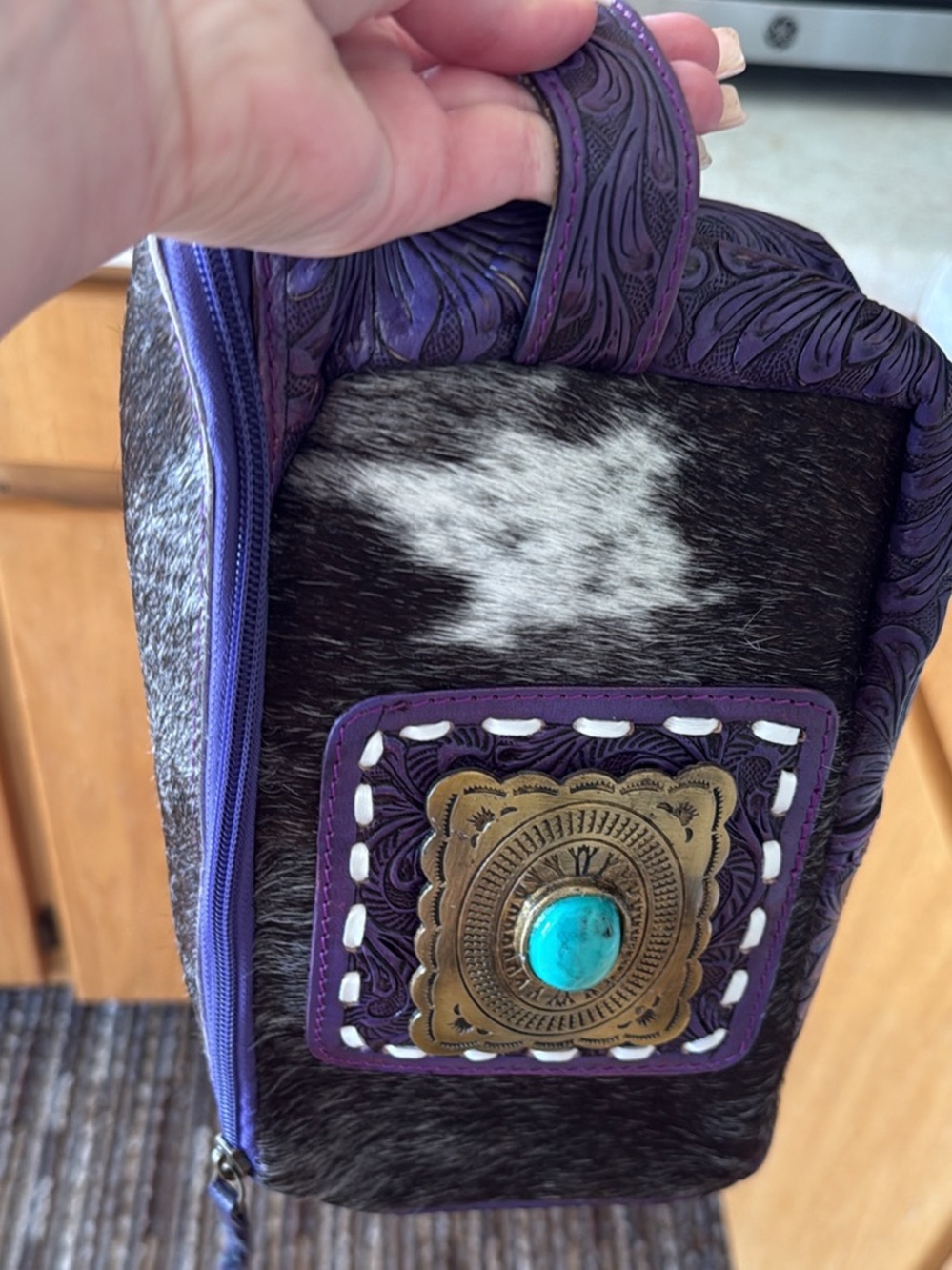 New Purple Tooled and real Leather & Cowhide Wristlet with Turquoise Accent